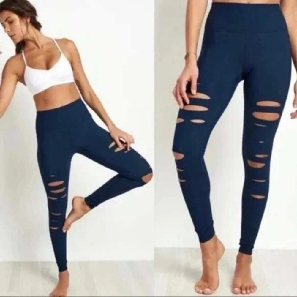 Alo Yoga Womens Ripped Warrior Leggings M Navy Blue High Rise Laser Cut Yoga Gym